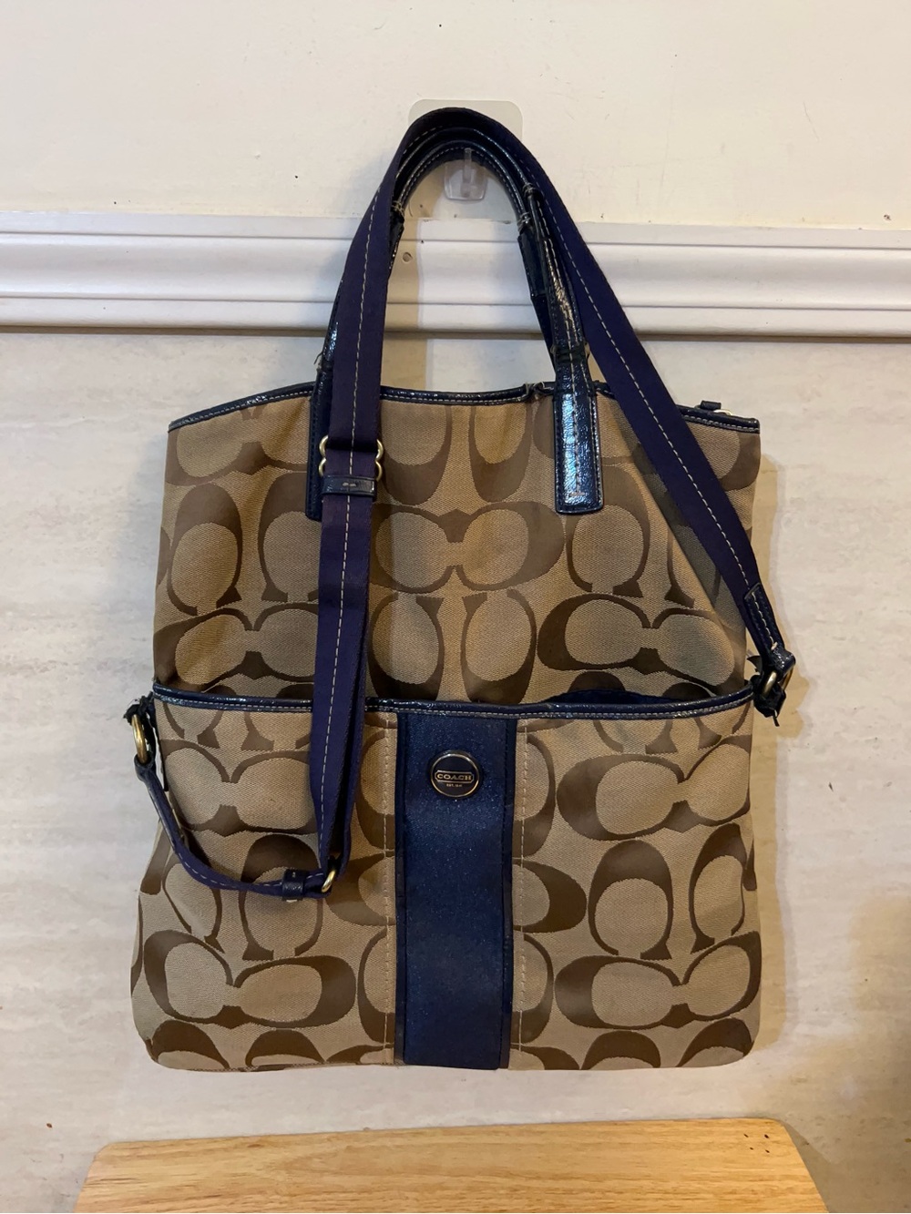 Coach Signature Stripe Foldover/Crossbody Tote